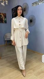Ensemble Co-ord 2 Pièces Tunique Ajustable à Boutons Bijoux Blanc Cassé