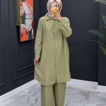 Ensemble Modeste 2 Pièces : Tunique Longue et Pantalon Large - Vert Olive Clair / Kaki
