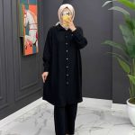 Ensemble Modeste 2 Pièces Noir : Tunique Longue Boutonnée et Pantalon Large Fluide