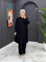 Ensemble Modeste 2 Pièces Noir : Tunique Longue Boutonnée et Pantalon Large Fluide