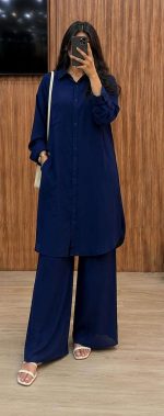 Ensemble Fluid 2 Pièces Tunique Longue et Pantalon Large Bleu Nuit