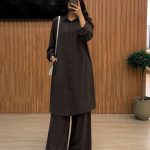 Ensemble Co-ord 2 Pièces Tunique Longue et Pantalon Large Marron Chocolat