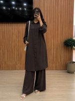 Ensemble Co-ord 2 Pièces Tunique Longue et Pantalon Large Marron Chocolat