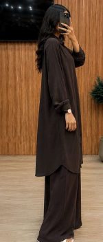 Ensemble Co-ord 2 Pièces Tunique Longue et Pantalon Large Marron Chocolat – Image 2
