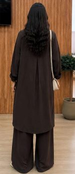 Ensemble Co-ord 2 Pièces Tunique Longue et Pantalon Large Marron Chocolat – Image 3