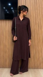 Ensemble Co-ord 2 Pièces Tunique Chemise et Pantalon Large Marron Chocolat