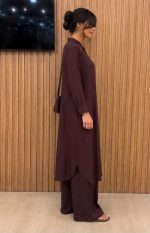 Ensemble Co-ord 2 Pièces Tunique Chemise et Pantalon Large Marron Chocolat – Image 3