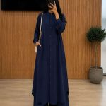 Ensemble Fluid 2 Pièces Tunique Extra-Longue Col Officier et Pantalon Bleu Nuit