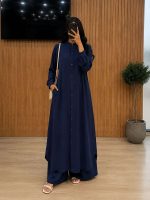 Ensemble Fluid 2 Pièces Tunique Extra-Longue Col Officier et Pantalon Bleu Nuit