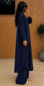 Ensemble Fluid 2 Pièces Tunique Extra-Longue Col Officier et Pantalon Bleu Nuit – Image 2