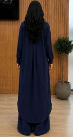 Ensemble Fluid 2 Pièces Tunique Extra-Longue Col Officier et Pantalon Bleu Nuit – Image 3
