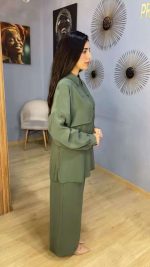 Ensemble Co-ord 2 Pièces Tunique Chemise et Pantalon Large Vert Kaki – Image 2