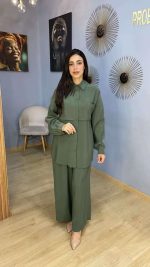 Ensemble Co-ord 2 Pièces Tunique Chemise et Pantalon Large Vert Kaki