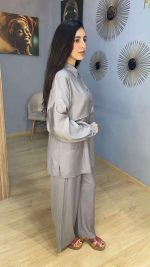 Ensemble Co-ord 2 Pièces Tunique Chemise et Pantalon Large Gris Perle – Image 2