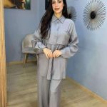 Ensemble Co-ord 2 Pièces Tunique Chemise et Pantalon Large Gris Perle