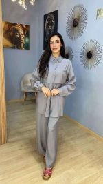Ensemble Co-ord 2 Pièces Tunique Chemise et Pantalon Large Gris Perle