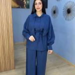 Ensemble Co-ord 2 Pièces Tunique Brodée et Pantalon Large Bleu Indigo