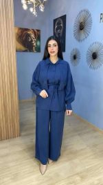 Ensemble Co-ord 2 Pièces Tunique Brodée et Pantalon Large Bleu Indigo