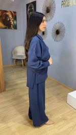 Ensemble Co-ord 2 Pièces Tunique Brodée et Pantalon Large Bleu Indigo – Image 2