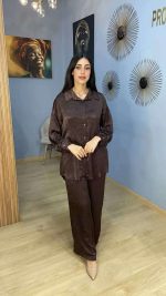 Ensemble Co-ord 2 Pièces Tunique Plissée et Pantalon Marron Chocolat | Modest Fashion