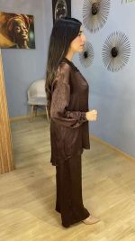Ensemble Co-ord 2 Pièces Tunique Plissée et Pantalon Marron Chocolat | Modest Fashion – Image 2