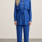 Ensemble Co-ord 2 Pièces Tunique Ajustable à Boutons Dorés Bleu Roi