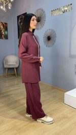 Ensemble Co-ord 2 Pièces Tunique Ornée de Perles et Pantalon Violet Prune – Image 2