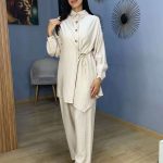 Ensemble Co-ord 2 Pièces Tunique Asymétrique et Pantalon Beige Crème