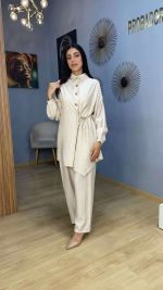 Ensemble Co-ord 2 Pièces Tunique Asymétrique et Pantalon Beige Crème