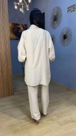 Ensemble Co-ord 2 Pièces Tunique Asymétrique et Pantalon Beige Crème – Image 2