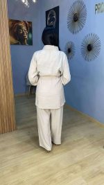 Ensemble Co-ord 2 Pièces Tunique Zippée à Cordon et Pantalon Beige / Blanc Cassé – Image 2