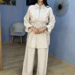 Ensemble Co-ord 2 Pièces Tunique Zippée à Cordon et Pantalon Beige / Blanc Cassé