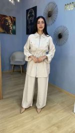 Ensemble Co-ord 2 Pièces Tunique Zippée à Cordon et Pantalon Beige / Blanc Cassé
