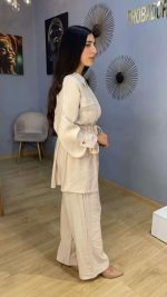 Ensemble Co-ord 2 Pièces Tunique Zippée à Cordon et Pantalon Beige / Blanc Cassé – Image 3
