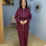 Ensemble Co-ord 2 Pièces Tunique Zippée à Perles et Pantalon Violet Prune