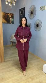 Ensemble Co-ord 2 Pièces Tunique Zippée à Perles et Pantalon Violet Prune
