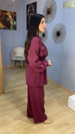 Ensemble Co-ord 2 Pièces Tunique Zippée à Perles et Pantalon Violet Prune – Image 3