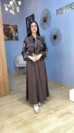 Ensemble Jupe Longue et Veste Zippée Imprimée Marron Chocolat