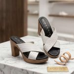 Mules à Talons et Brides Croisées NR | BASSIC PELLE – Blanc Tressé & Effet Bois