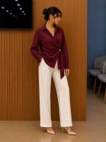 Chemise Bordeaux Élégante à Drapé et Nœud Latéral – GDG Actuel
