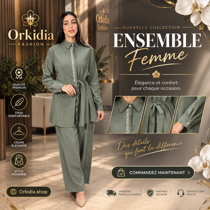 Ensemble Femme Vert 2 Pièces Pantalon & Tunique Ensemble femme vert deux pieces tunique ceinturee a perles et pantalon fluide Orkidia Fashion Nador