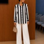 Chemise femme noir et blanc a rayures verticales fluide avec col classique Orkidia Fashion Nador