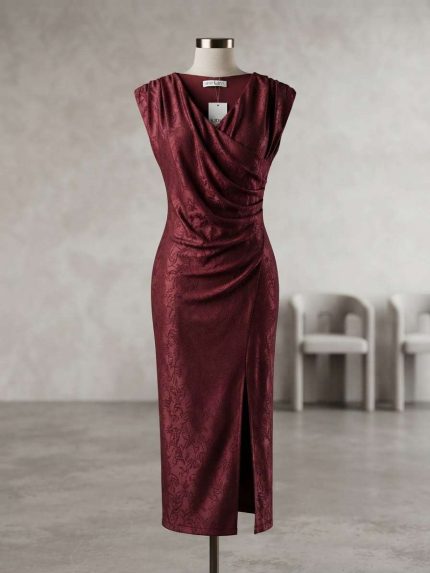 Robe Longue Bordeaux Cache-Cœur sur Mannequin – Élégance Chic et Fendue