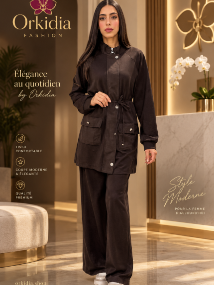 Ensemble femme marron deux pieces veste saharienne a poches rabat et pantalon large fluide Orkidia Fashion Nador