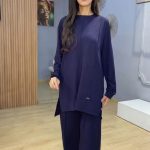 Ensemble femme bleu marine deux pieces tunique longue a fentes et pantalon large fluide Orkidia Fashion Nador