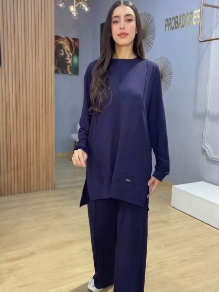 Ensemble femme bleu marine deux pieces tunique longue a fentes et pantalon large fluide Orkidia Fashion Nador