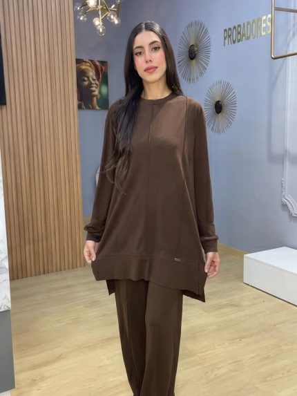 Ensemble femme marron deux pieces tunique longue a fentes et pantalon large fluide Orkidia Fashion Nador