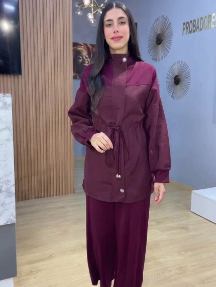 Ensemble femme bordeaux deux pieces veste saharienne ceinturee et pantalon large fluide Orkidia Fashion Nador