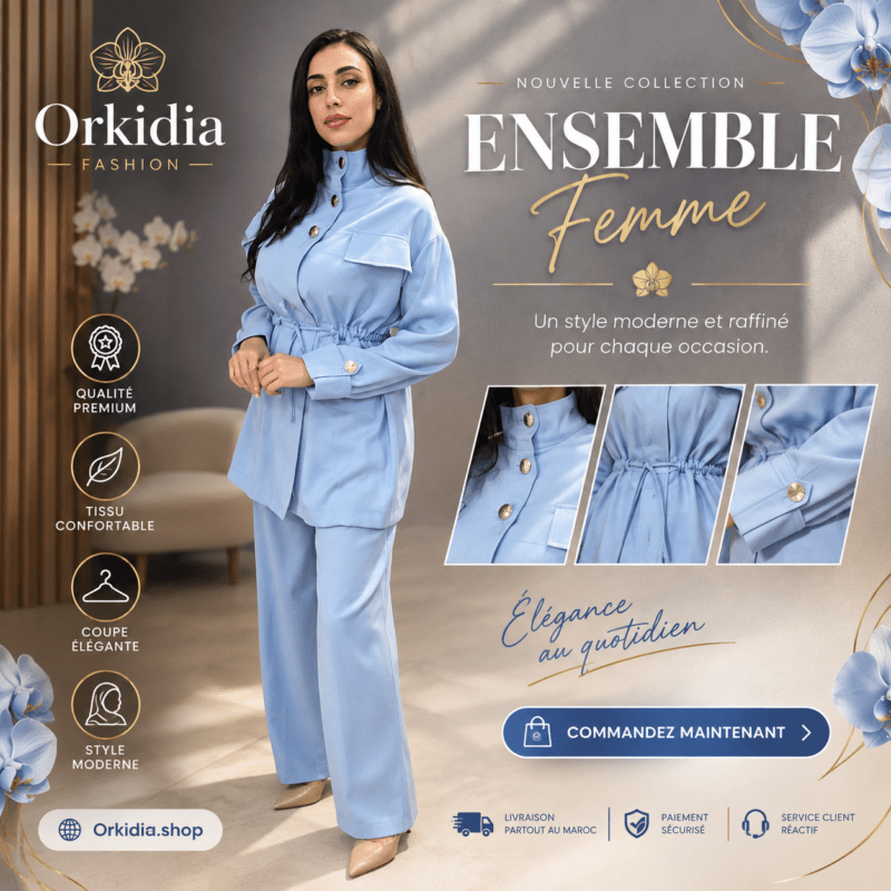 Ensemble Femme Bleu Pantalon et Veste Ensemble femme bleu deux pieces avec pantalon fluide et veste ceinturee a boutons dores Orkidia Fashion