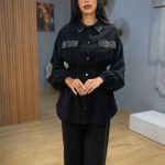 Ensemble femme noir deux pieces pantalon large et chemise ceinturee avec col brillant Orkidia Fashion